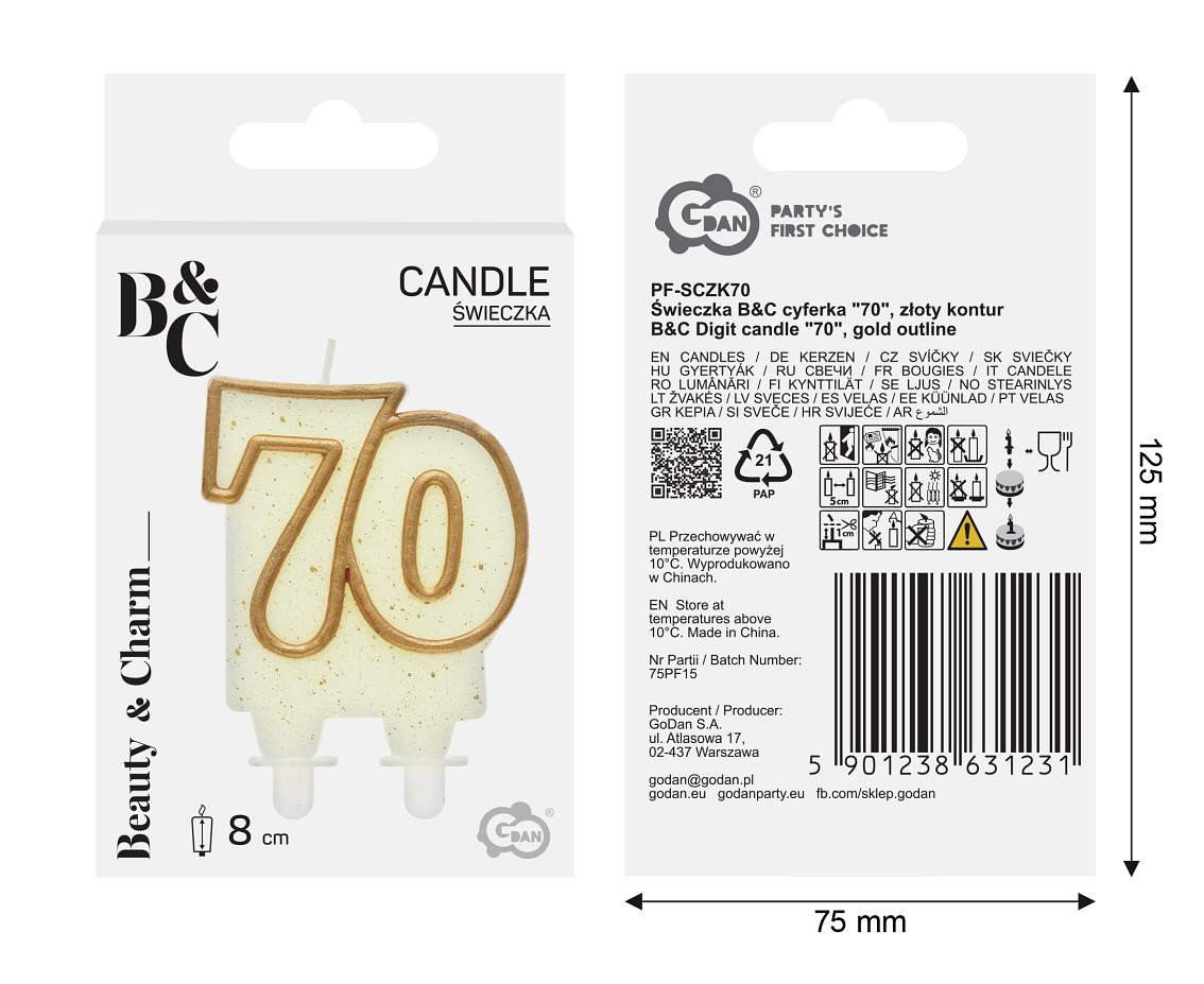 Double digit candle "70", gold outline, 8 cm